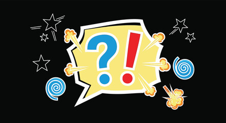 Comic style question mark and exclamation mark, pop art symbols, colorful retro burst icons, cartoon punctuation graphics for design projects