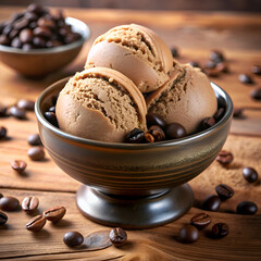 Coffee flavored ice cream scoops in a dark brown bowl on a wooden table scattered with coffee beans. A close-up view of the delicious treat with a rustic background.