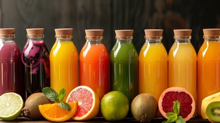 Fresh fruit to juicing to bottled juice process, bright natural colors, healthy food process concept.