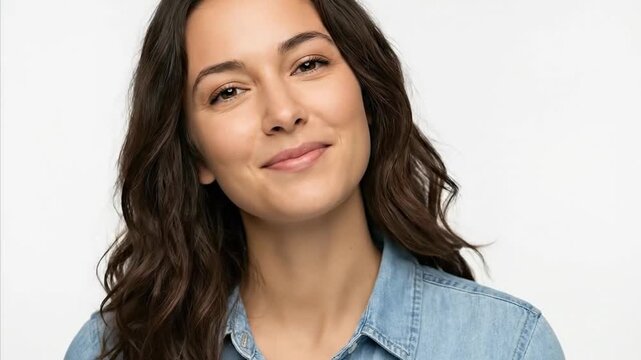 A radiant and confident young adult woman smiles genuinely at the camera, exuding warmth and approachability. Her expressive face, framed by beautiful dark, wavy hair and clear brown eyes, conveys a s