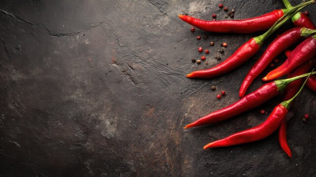 Fresh red chili peppers are placed on a dark stone surface. Different spices are scattered around the peppers creating a colorful arrangement for cooking or decoration. - Powered by Adobe