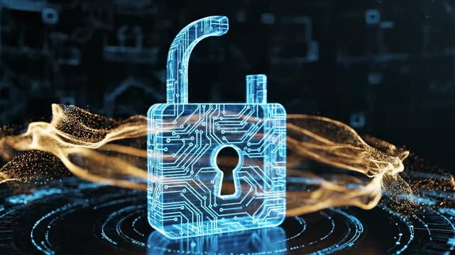 A futuristic blue lock with circuit board patterns and a glowing orange background