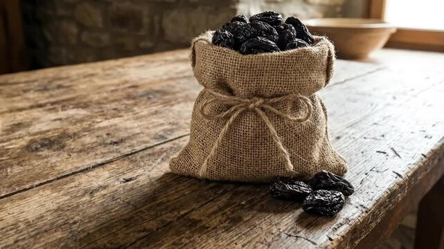 A rustic scene showcases a charming burlap sack overflowing with plump, dark dried fruit, likely prunes, resting gracefully on a weathered wooden table. A few of the succulent fruits lie scattered bes