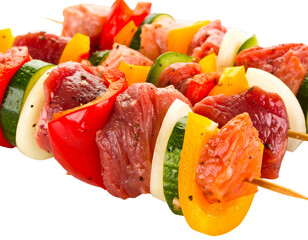 Meat and vegetable shish kebab isolated on a transparent background
