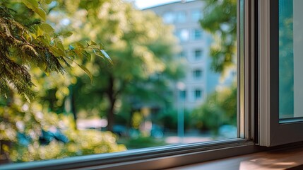 Soft Focus Image of a Window Framing a Lush Green Landscape with Buildings in the Background