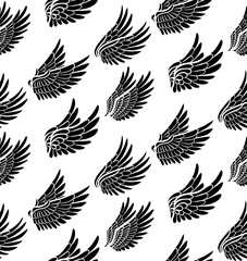 Vector seamless pattern with black silhouette bird wings on white background. Monochrome texture with angel wings for wrapping paper, wallpaper, fabric, spiritual or fantasy design