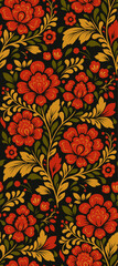 Vector national decorative floral pattern. Blossom texture. Slavic ornament with red flowers on a black background for wallpaper, fabric, and wrapping paper.