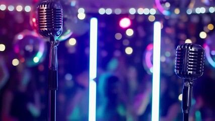 Two retro microphones, stage lighting, and disco balls create a blurred background