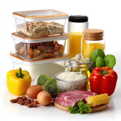 Fresh Ingredients and Food Containers for Healthy Cooking and Meal Prep with Various Colorful Vegetables and Groceries