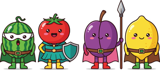 Cute fruit superhero vector set featuring watermelon tomato plum and lemon characters with capes and shields for healthy eating kids stickers and educational school posters © MdGohurul