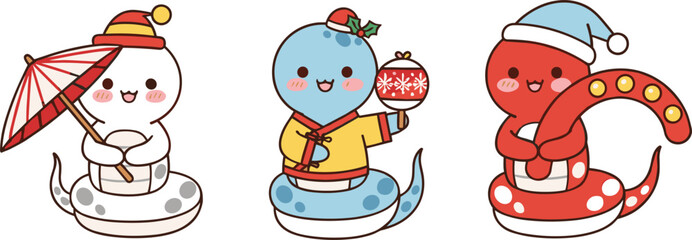 Cute festive snake character vector set wearing traditional oriental clothing with umbrella lantern and santa hat for Lunar New Year and seasonal holiday celebrations
