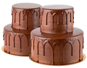 Mouth-watering 3-tier dark chocolate dripping tall cake on an isolated background 