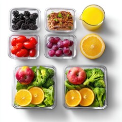 Assorted Fresh Fruits and Vegetables in Clear Containers with Healthy Meal Prep and Juice on White Background