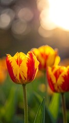 Close-up of vibrant tulips in various stages of bloom with soft focus background and sunlit bokeh