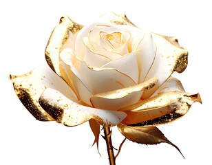 A beautiful white rose with gold leaves on an isolated backgroun