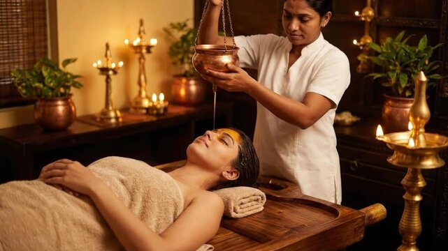 A serene and tranquil scene unfolds as a skilled practitioner performs a therapeutic oil drip treatment on a reclining individual. Warm, golden liquid gently flows from a traditional copper vessel ont