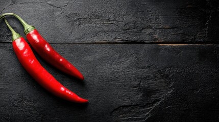 Two red chili peppers are placed on a dark wooden table. The surface is smooth and has a rich texture. Natural light highlights the vibrant color of the peppers.