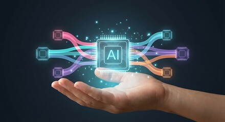 Hand holding AI chip with colorful neural network connections floating above