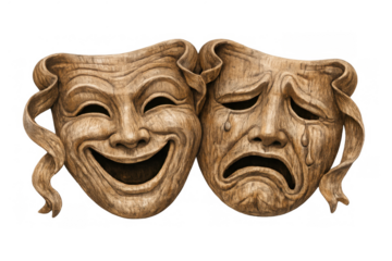 Traditional comedy and tragedy theater masks representing human emotions, drama, acting, and performance arts