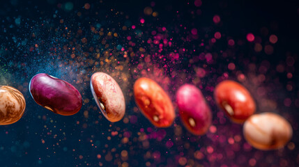 Colorful bean varieties exploding like fireworks against starry backdrop, bursting into glowing life-energy particles.