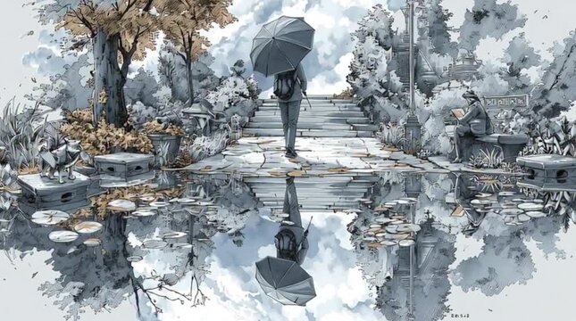 Rainy Season Reflection Walk Lifestyle Scene Melancholic Walk in the Rain: Anime Style Animation of a Figure with an Umbrella and Water Reflection Moody Urban Walk with Street Reflections 