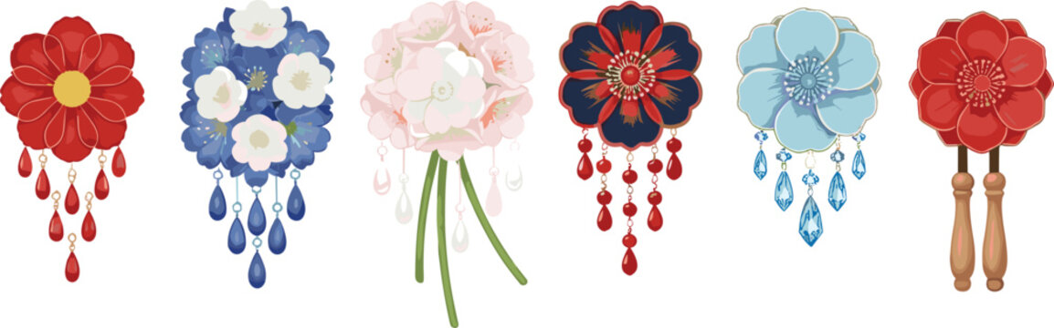 Set of traditional Japanese floral hair ornaments and kanzashi pins with hanging beads and crystals in red blue and pink colors.