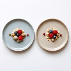 Colorful Healthy Breakfast Bowls with Fresh Berries and Granola on White Background