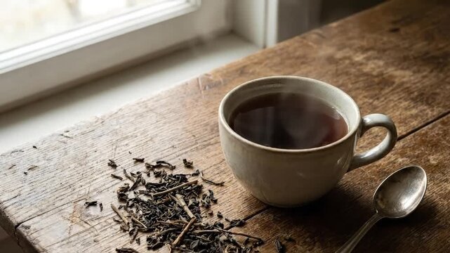 A soothing close-up shot captures a steaming mug of hot beverage, perhaps tea or coffee, resting gracefully on a beautifully textured, rustic wooden surface. Scattered loose dry leaves lie invitingly 