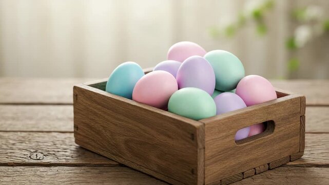 Colorful Easter eggs in a wooden crate on rustic table  