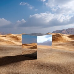 Reflective Cube in Desert Landscape with Mountain View and Dramatic Sky