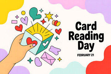 Card Reading Day February Twenty One Cute Hand Holding Greeting Card With Hearts Stars And Envelopes Colorful Whimsical Digital Illustration