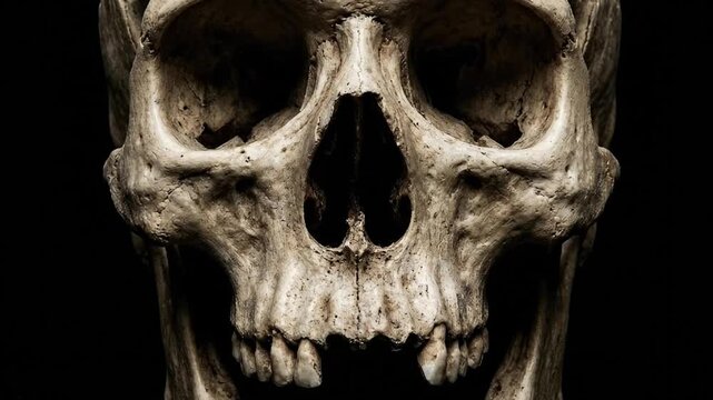A striking close-up shot of an ancient, weathered skull set against a stark black background. The intricate bone details and textures are illuminated, highlighting the empty eye sockets, nasal cavity,