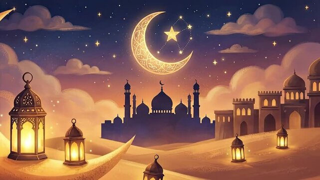 A stunning and tranquil animated night scene unfolds with a beautifully stylized crescent moon taking center stage, adorned with intricate patterns and surrounded by twinkling stars that form celestia