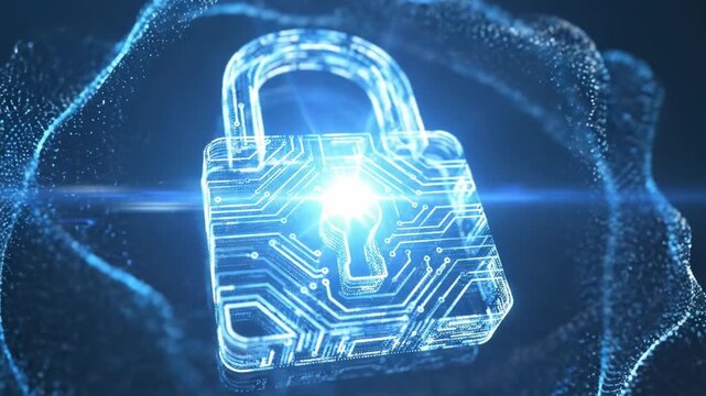 A glowing blue padlock with a circuit-like pattern, symbolizing digital security, amidst swirling dark blue threads and mesh