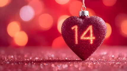 ​A red glittery heart-shaped ornament featuring the number "14" hangs against a soft, glowing red bokeh background, resting on a shimmering surface of red glitter.