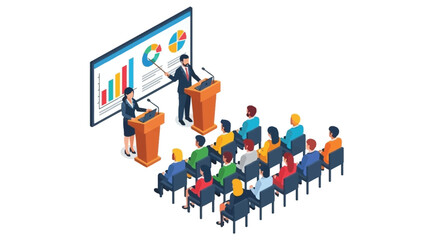 Isometric illustration of a business presentation with an audience and speaker