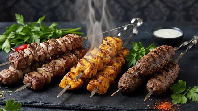 A tantalizing array of freshly grilled skewers, featuring succulent meat cubes, perfectly charred chicken pieces, and flavorful seasoned ground meat, are exquisitely presented on a rustic dark slate b