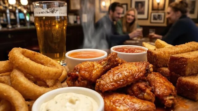 A tantalizing close-up shot captures a rustic wooden board laden with an assortment of golden-brown fried appetizers, including crispy onion rings, succulent glazed chicken wings, and savory fried sti