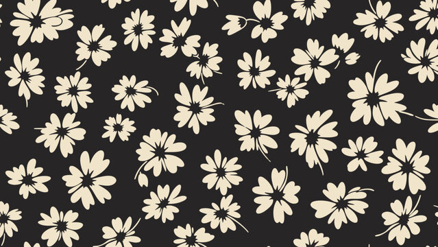 White flowers pattern on black background, floral seamless design.