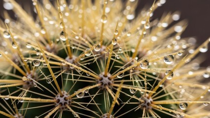 Macro close-up of a green cactus with golden yellow spines, glistening with clear water droplets, illuminated against a dark, blurred background.