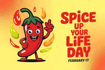 Spice Up Your Life Day February Seventeen Cute Smiling Red Chili Pepper Character With Flames Fun Food Festival Digital Illustration