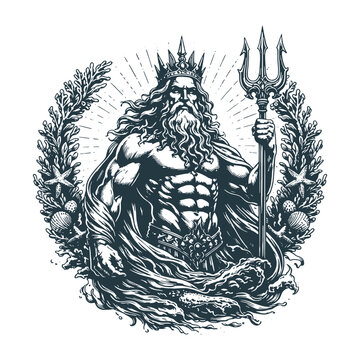 Powerful Poseidon Greek god with trident and laurel wreath, detailed vintage engraving style vector illustration for mythology and fantasy artwork