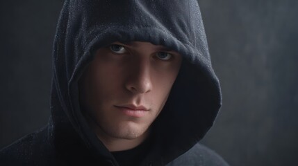 Intense young man in a dark hoodie face partially shadowed exuding mystery and a serious mood