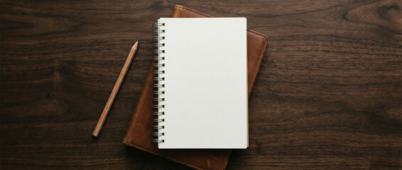 Top above overhead view flat lay photo of a blank notebook and wooden pencil beside isolated on wooden background with copyspace