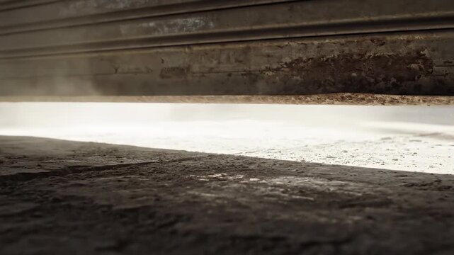 A dramatic extreme close-up shot focused on the light spilling onto a dusty concrete floor from the narrow crack of an almost closed industrial roller door floor, texture, entry