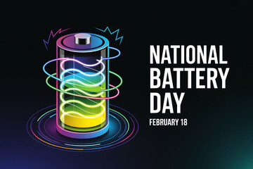 National Battery Day February Eighteen Glowing Power Cell With Neon Energy Rings Futuristic Technology Concept For Electricity Charging And Innovation Illustration