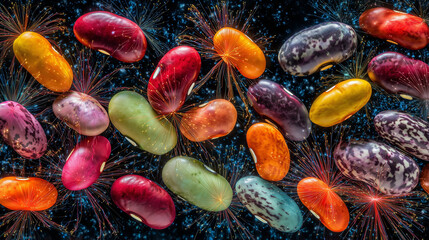 Colorful bean varieties exploding like fireworks against starry backdrop, bursting into glowing life-energy particles.