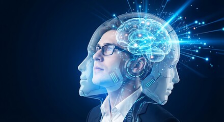 Businessman with multiple heads and glowing brain represents AI and human intelligence