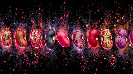 Colorful bean varieties exploding like fireworks against starry backdrop, bursting into glowing life-energy particles.