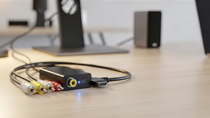 HDMI to RCA Composite Video Audio Converter on a Desk.